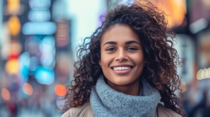 Joyful Young Multiracial Woman Enjoying Winter Day in Busy Urban Setting. Generative ai.