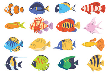 Naklejka premium Set of exotic fish. Sea colored animals. Beautiful aquarium fish. Vector illustration