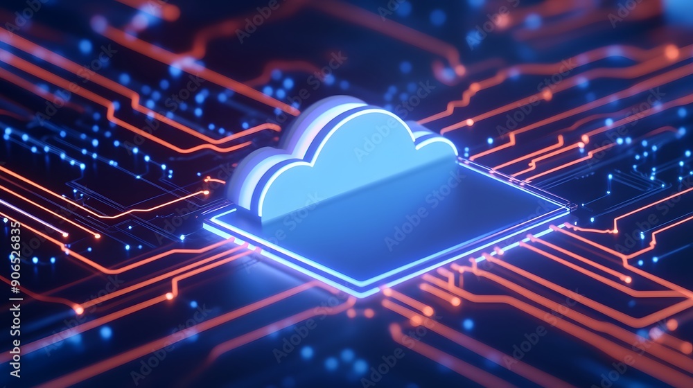 Poster futuristic concept of cloud computing technology with a digital circuit board background, emphasizin