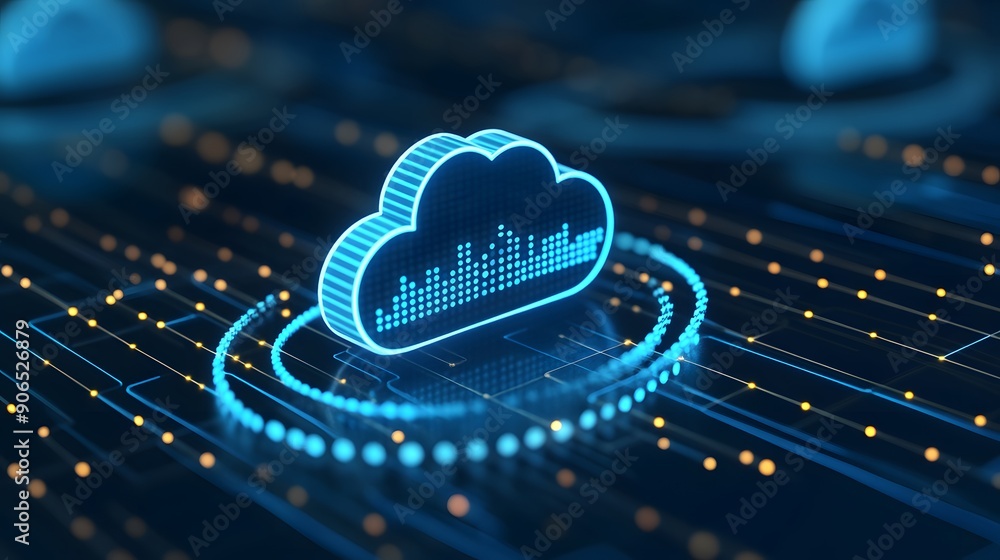 Poster futuristic concept of cloud computing technology with holographic cloud symbol over a digital circui