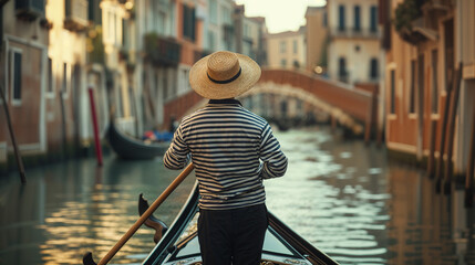 A gondolier in a traditional striped shirt and wide-brimmed hat skillfully navigates a gondola through the tranquil canals of Venice during sunset, with historic buildings in view.