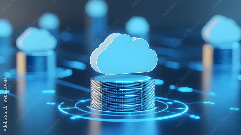 Poster futuristic data storage with cloud computing technology represented by digital clouds and data serve
