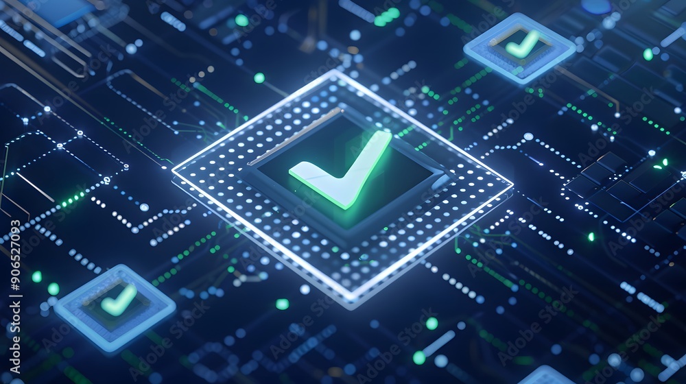 Poster futuristic digital checkmark on integrated circuit, representing technology, security, and data veri