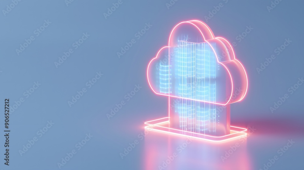 Poster futuristic digital cloud computing concept with glowing neon lights on a gray background. data stora