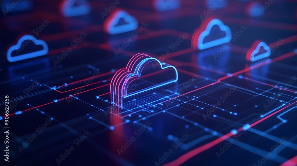 Poster futuristic digital cloud computing concept with neon blue cloud icons on a network grid. represents 