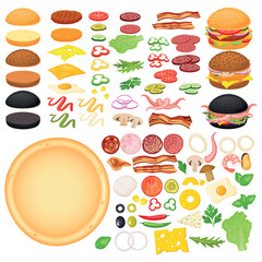 Vector cartoon image of hamburger and pizza with ingredients. Fast food and tasty food concept. Elements for your design. Banner for website, leaflets, etc.