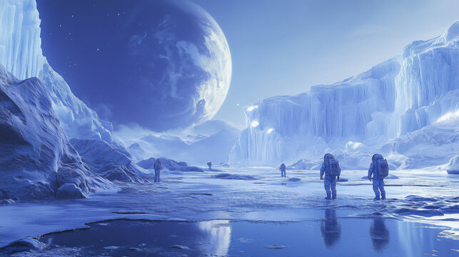 Four astronauts are depicted exploring an icily dramatic alien landscape with towering glaciers, all under the haunting light of a nearby planet.