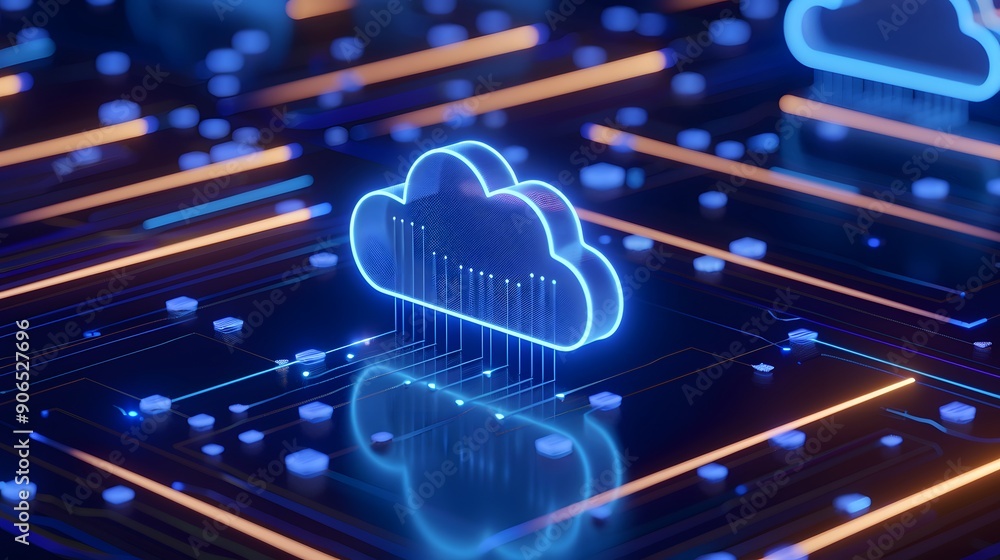 Poster futuristic digital cloud technology concept depicting a glowing cloud icon on a circuit board, repre