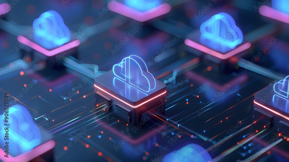 Poster futuristic digital cloud technology concept with glowing circuitry and 3d cloud icons, representing 