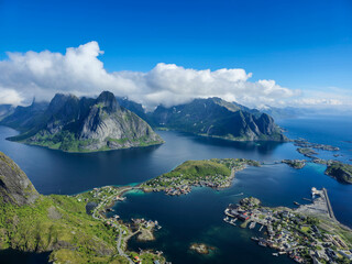 Breathtaking Aerial View of Lofoten Islands Under Bright Blue Skies in Norway, Lofoten