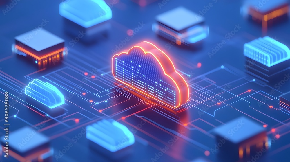 Poster futuristic digital illustration of cloud computing technology concept with a glowing cloud icon in a