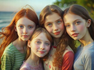 Fototapeta premium A group of four girls poses outdoors, showcasing their natural beauty and friendship. Ideal for themes related to youth, friendship, and outdoor activities.
