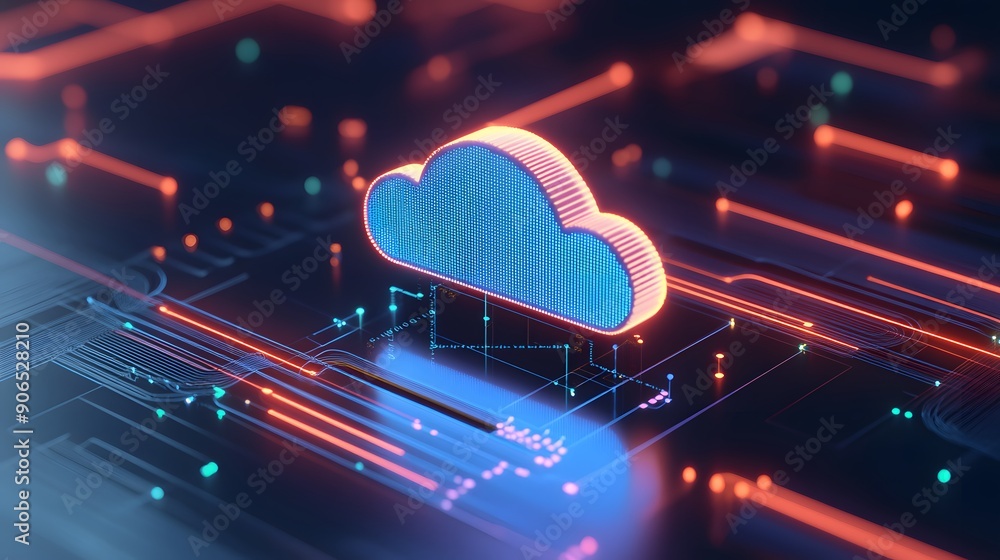 Poster futuristic digital representation of cloud computing technology with glowing neon circuits and a cen
