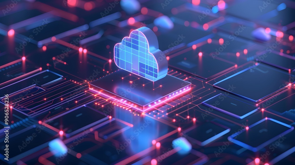 Poster futuristic digital representation of cloud computing technology in a vibrant, interconnected virtual