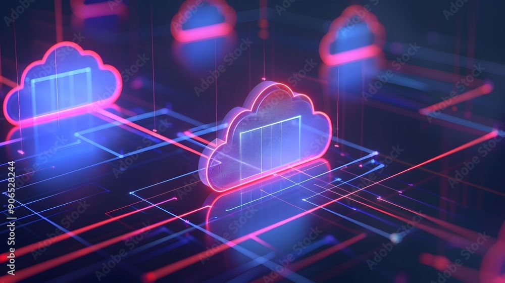 Poster futuristic digital representation of cloud computing technology with glowing neon clouds and interco