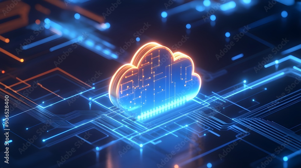 Poster futuristic glowing cloud computing symbol on a digital circuit board, representing advanced technolo