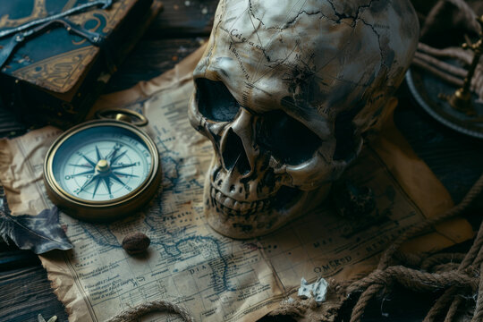 An antique skull rests on a tattered map with a compass, evoking mystery and adventurous tales of the high seas.