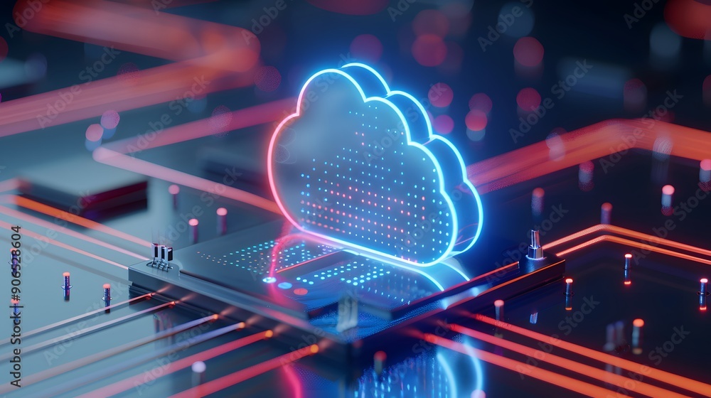 Poster futuristic glowing cloud icon over an electronic circuit board symbolizing cloud computing and data 