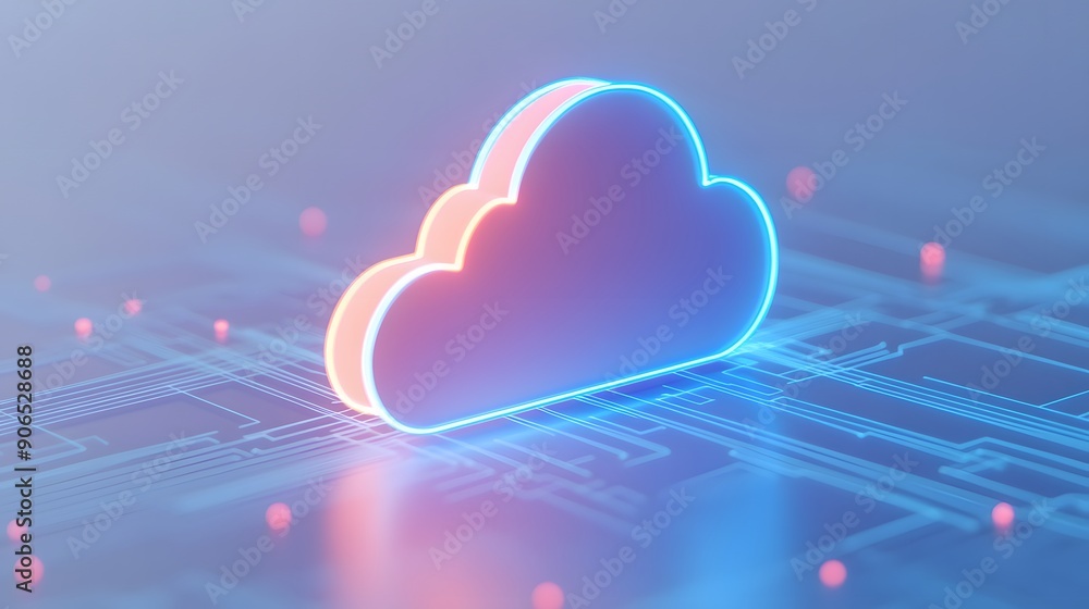 Poster futuristic glowing cloud icon representing cloud computing, data storage, and digital services in a 