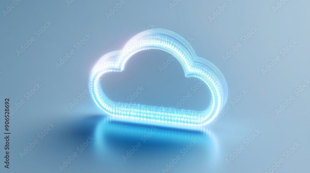 Poster futuristic glowing cloud icon representing cloud computing and data storage on a light blue backgrou