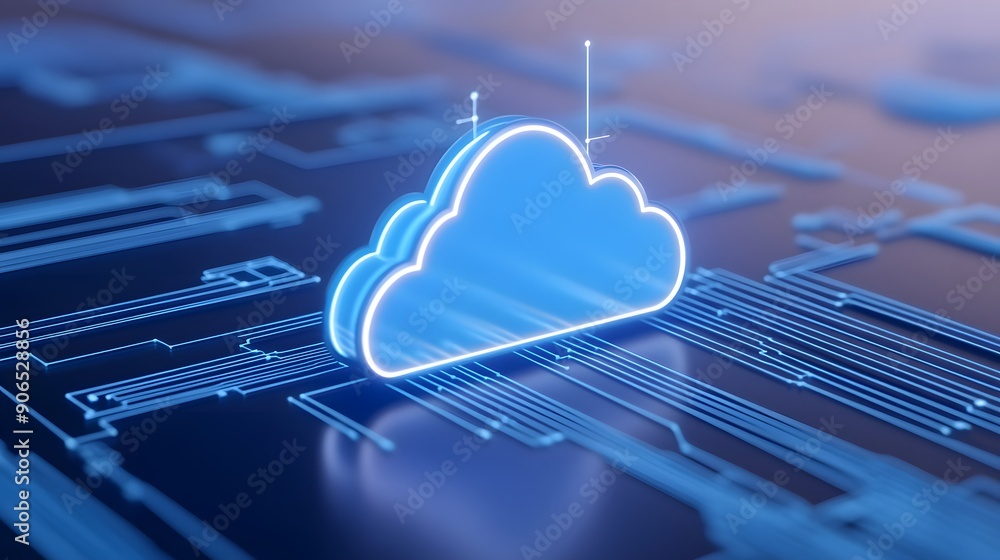 Poster futuristic holographic cloud icon on circuit board background, representing cloud computing technolo