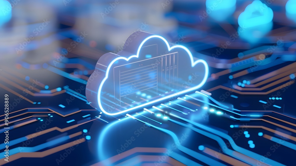 Poster futuristic illustration of a glowing cloud computing symbol on a digital circuit board, representing
