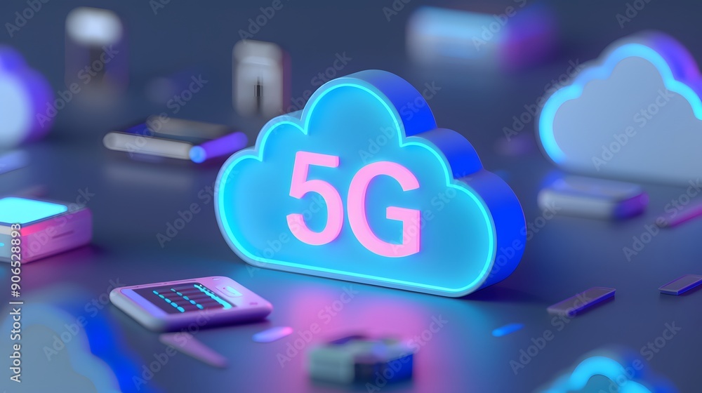 Poster futuristic illustration showcasing 5g technology with glowing cloud and devices symbolizing fast and