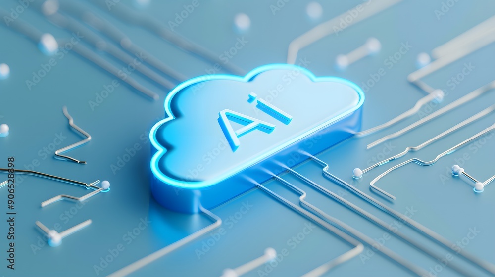 Poster futuristic image of a cloud-shaped ai icon on a digital blue circuit board, symbolizing artificial i