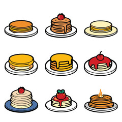 Delicious pancakes vector illustrations, breakfast sweet pancakes stacks topped butter strawberry. Cartoon style colorful plates, butter strawberry toppings. Graphic