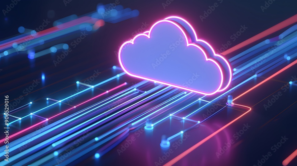 Poster futuristic neon cloud computing concept with data flow lines. bright digital illustration of modern 
