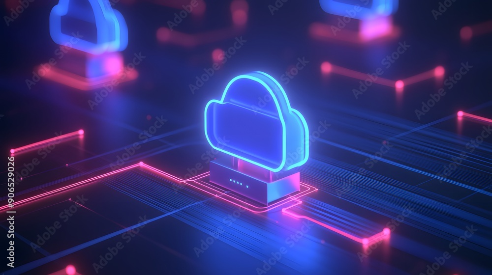 Poster futuristic neon cloud computing concept with digital network connections, representing modern techno