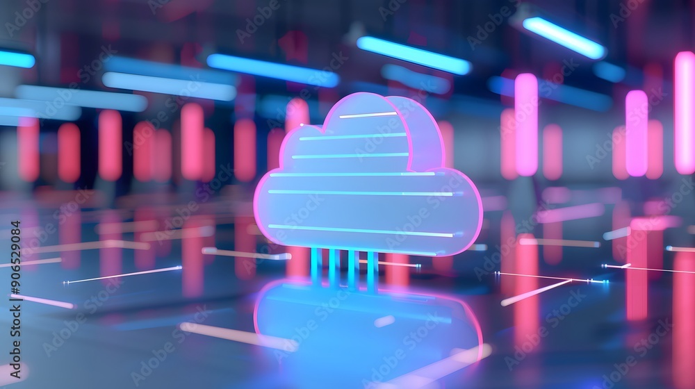 Poster futuristic neon cloud computing icon on reflective surface with pink and blue lights, representing d