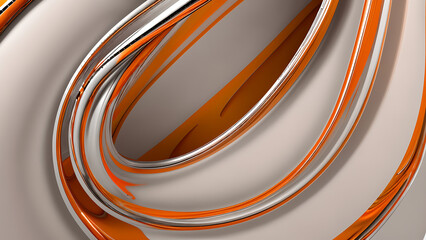 Futuristic abstract background with liquid metal texture and glossy copper and rhodium swirls in 3D pattern, featuring undulating wavy lines and a seamless gradient of gray and orange hues