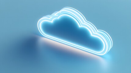 Futuristic neon cloud icon on a minimalist blue background, representing digital technology, cloud computing, and modern innovation.