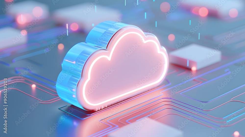 Poster futuristic neon glowing cloud icon representing cloud computing technology and data storage innovati