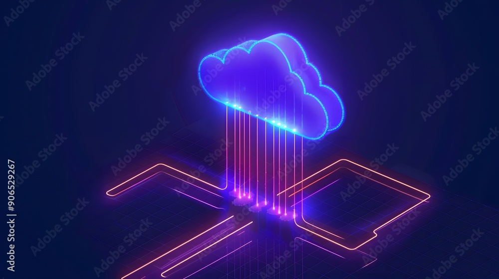 Poster futuristic neon illustration of digital cloud computing with glowing lines depicting data transfer a