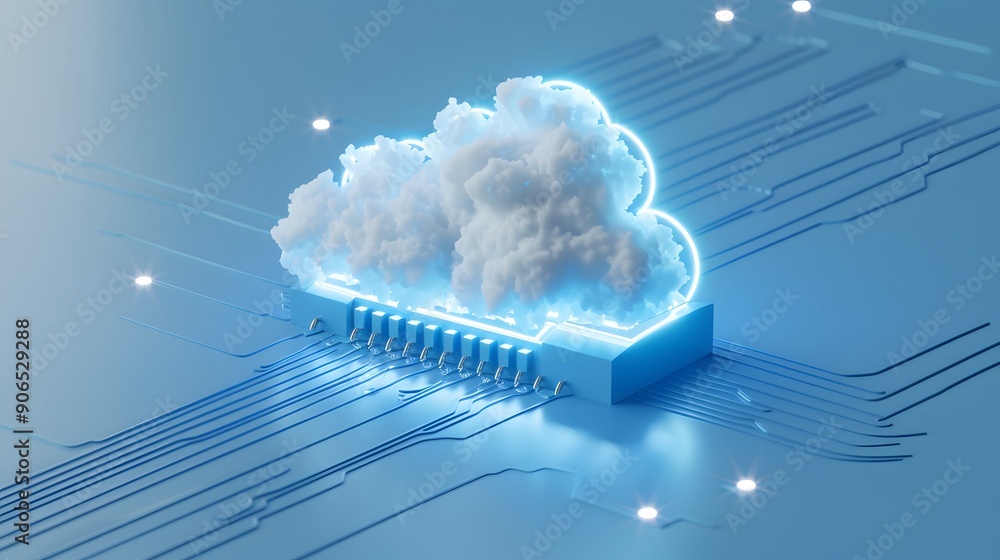 Poster futuristic representation of cloud computing technology with a glowing cloud and circuit board desig