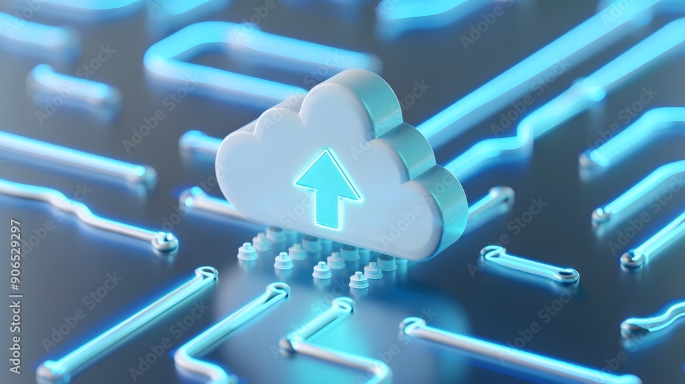Poster futuristic representation of cloud computing technology with a glowing cloud icon and circuitry, sym