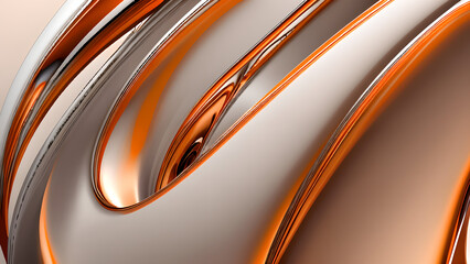 Futuristic abstract background with liquid metal texture and glossy copper and rhodium swirls in 3D pattern, featuring undulating wavy lines and a seamless gradient of gray and orange hues