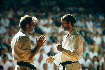 Obraz premium Martial artist signals the beginning of the match in a brightly lit arena under a golden sunset, with focused eyes on the competitors.
