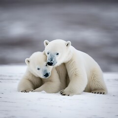 Fototapeta premium A baby polar bear playfully rolling in the snow, with its mother gently nudging it along the Arctic tundra