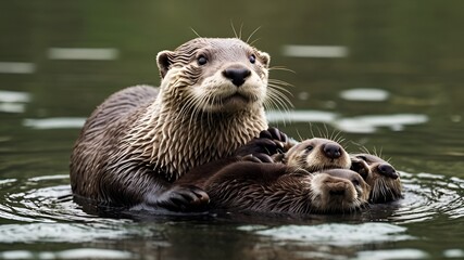 Fototapeta premium A playful otter pup floating on its back beside its mother in a calm river, surrounded by lush greenery