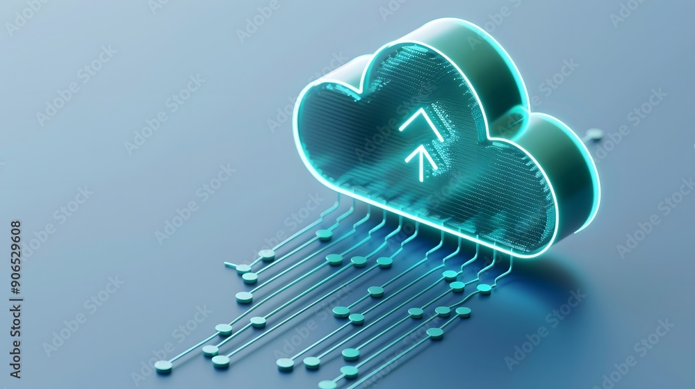 Poster glowing cloud storage icon with data lines, depicting digital tech and data upload concept on blue b