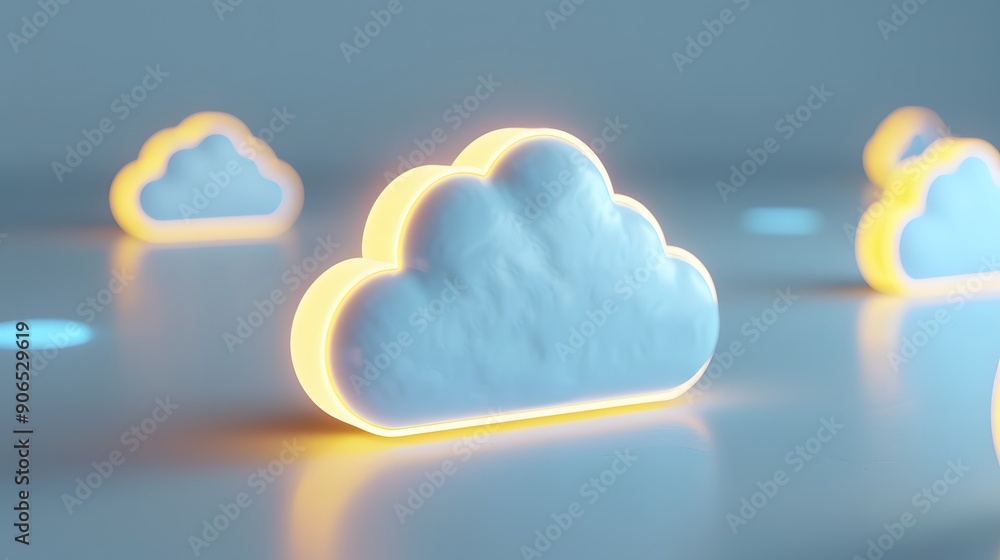 Poster glowing white cloud icon on a reflective surface, symbolizing cloud computing and digital technology