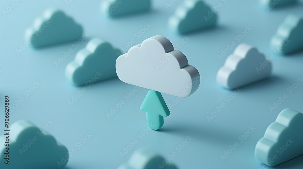 Poster minimalist 3d illustration of cloud computing concept with cloud icons and upload arrow, symbolizing