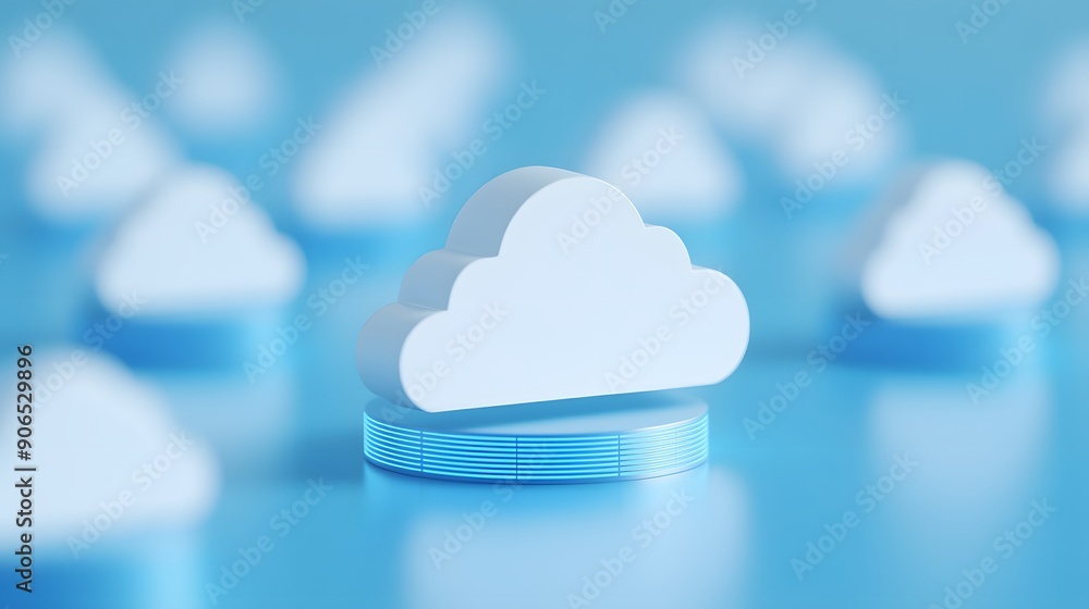 Poster minimalist 3d rendering of cloud icons on a blue background, suitable for technology, cloud computin