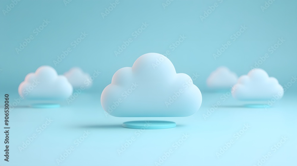 Poster minimalistic 3d render of white clouds floating on a blue background, perfect for conceptual and abs