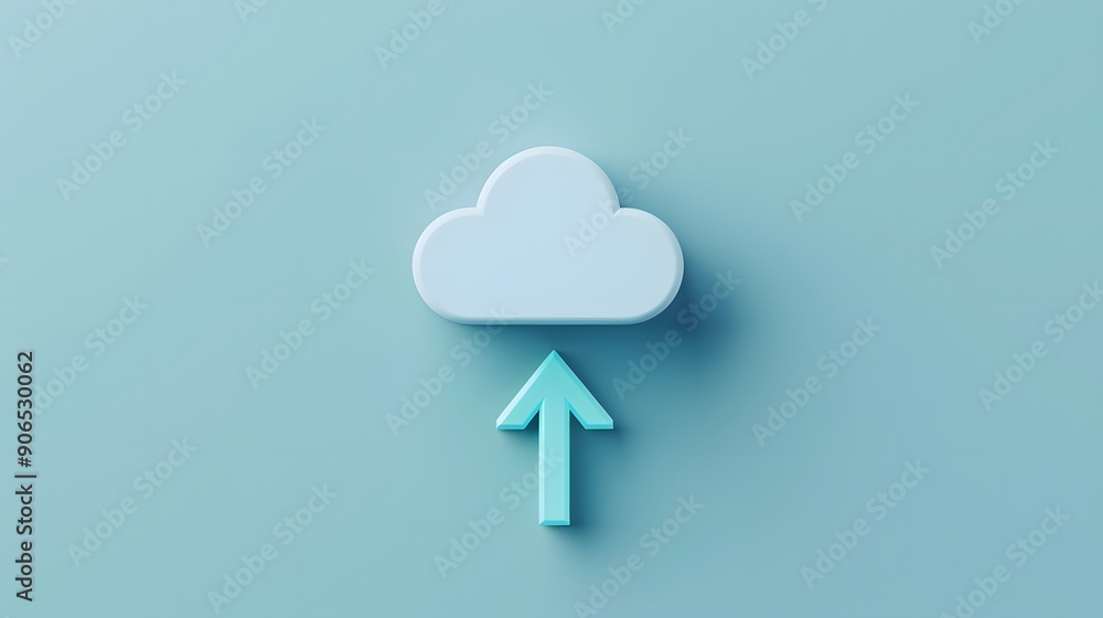 Poster minimalistic 3d illustration of a cloud icon with an upward arrow representing data upload on a ligh