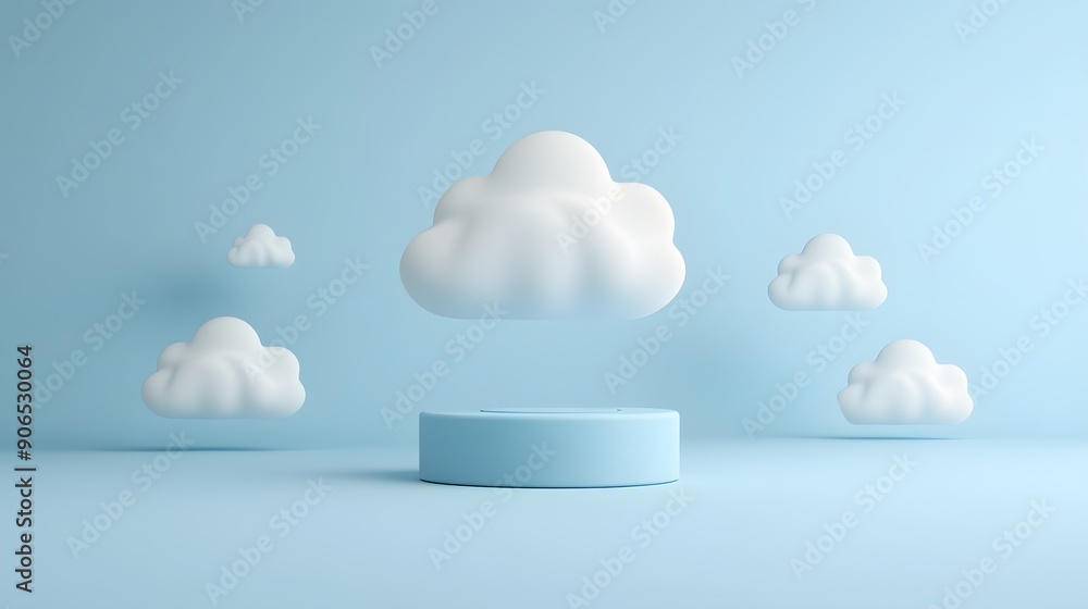 Poster Minimalistic 3D render of fluffy clouds floating above a blue platform. Perfect for tech, cloud computing themes, and creative backgrounds.