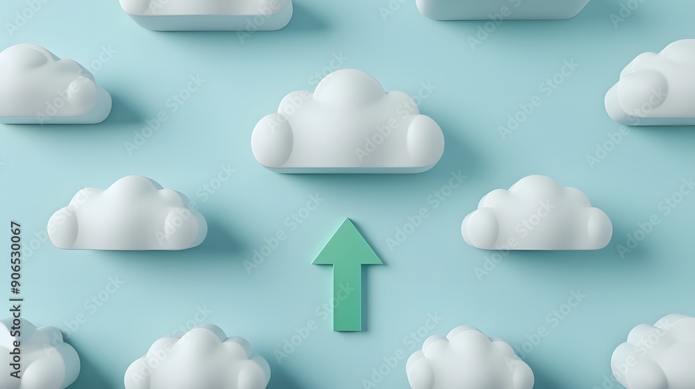 Poster minimalistic 3d rendering of white clouds and an upward arrow on a light blue background representin